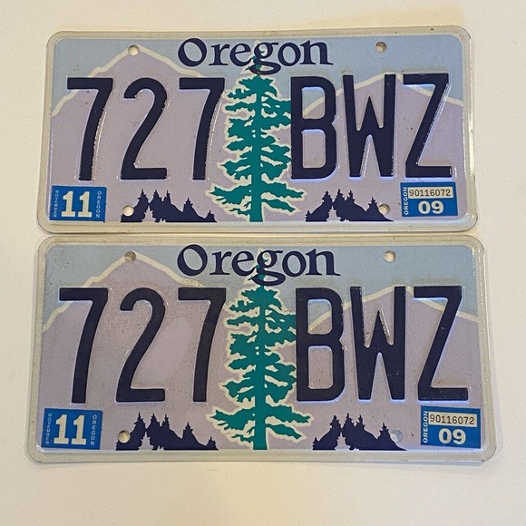 Oregon License Plate Matched Pair Tree Mountains 727 BWZ 2009 Tag Man Cave Decor - Picture 1 of 3